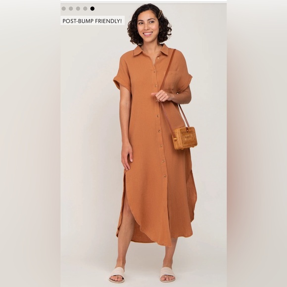 NEW! Cyer Vitz Size S Camel Button Down Maternity Midi Dress - Picture 3 of 9